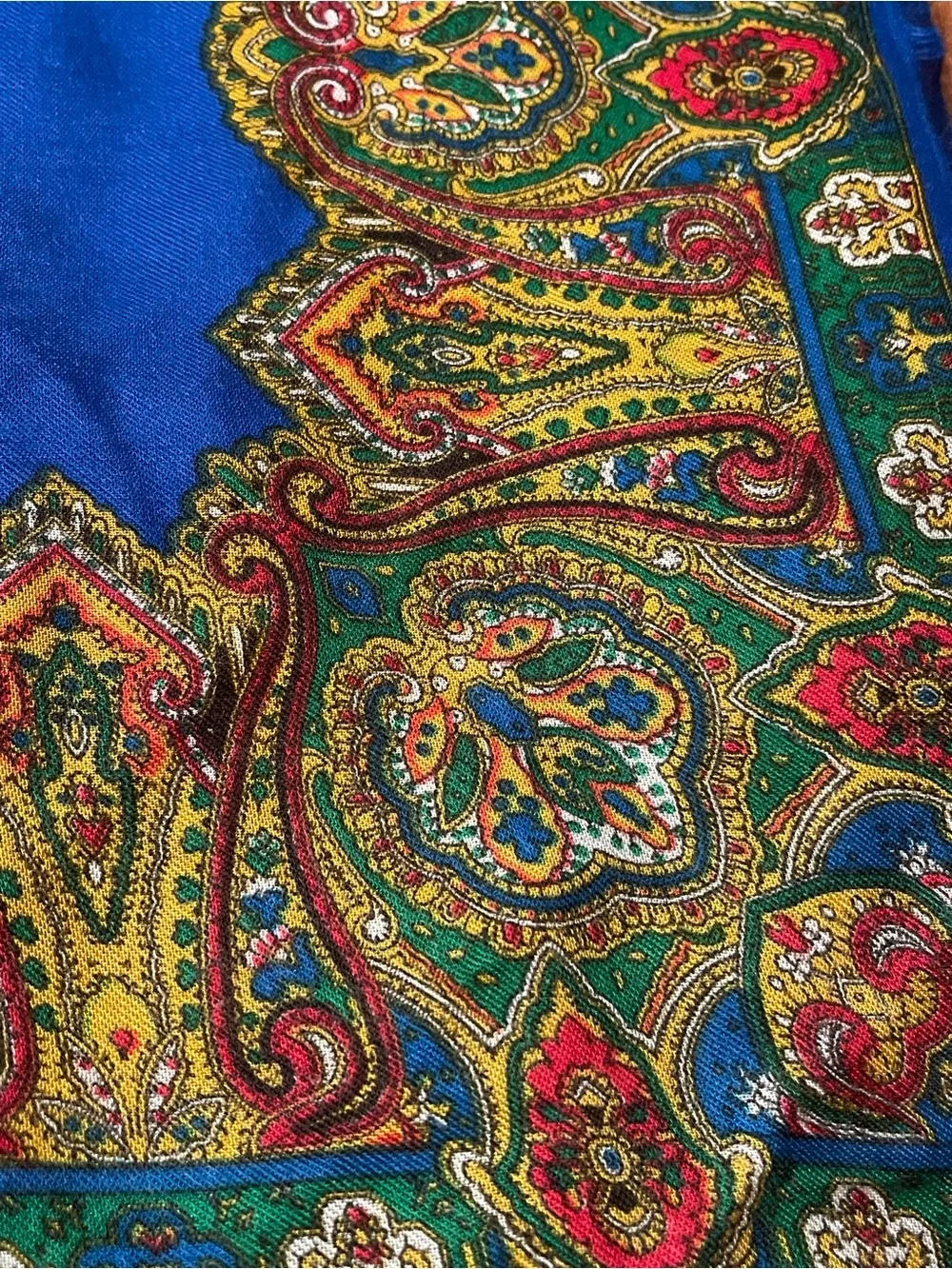 Vintage Pavlovo Posad Russian Wool Shawl Scarf Blue Paisley Floral